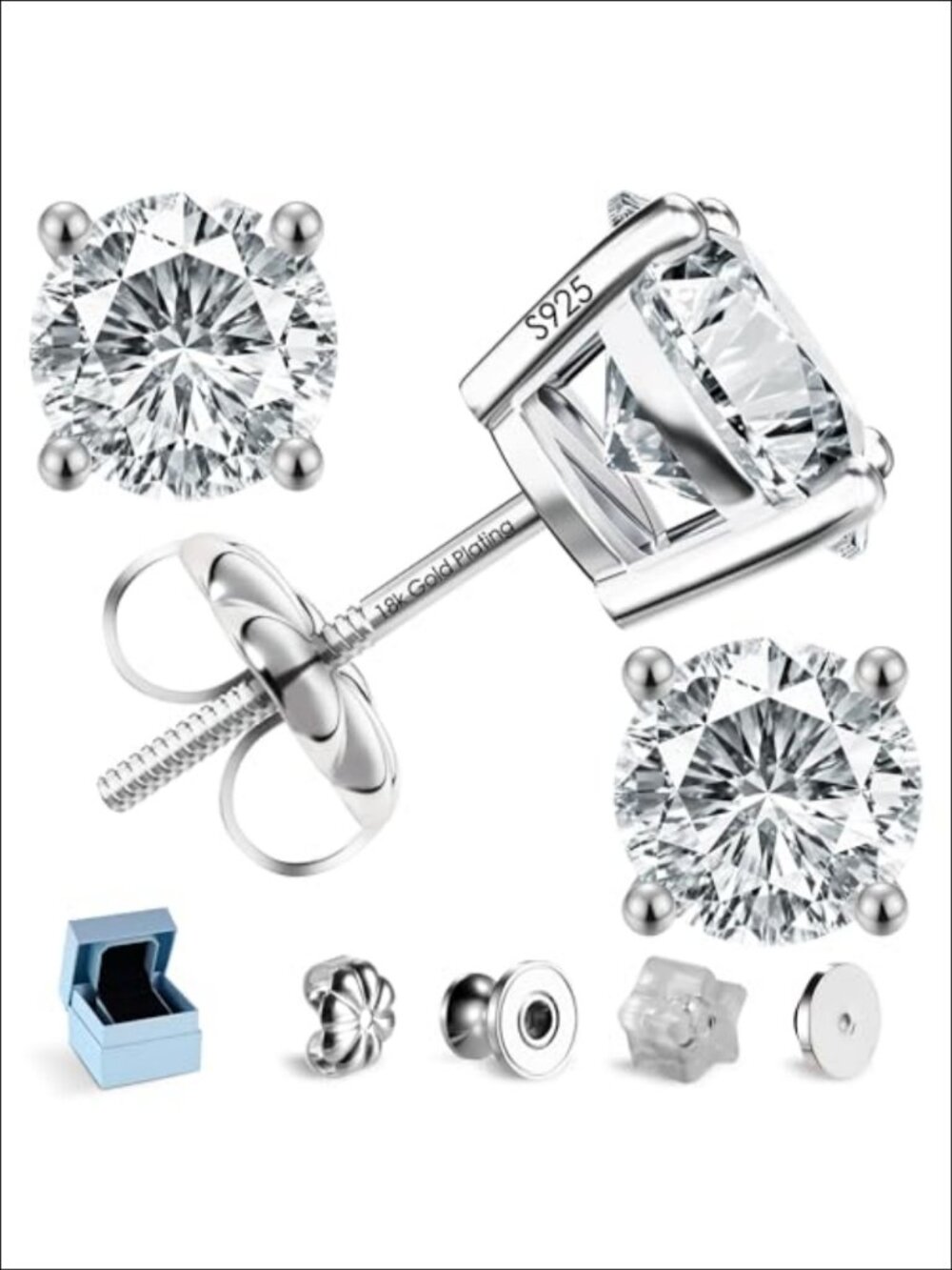 Moissanite Screw Back Stud Earrings Sterling Silver 18K White Gold